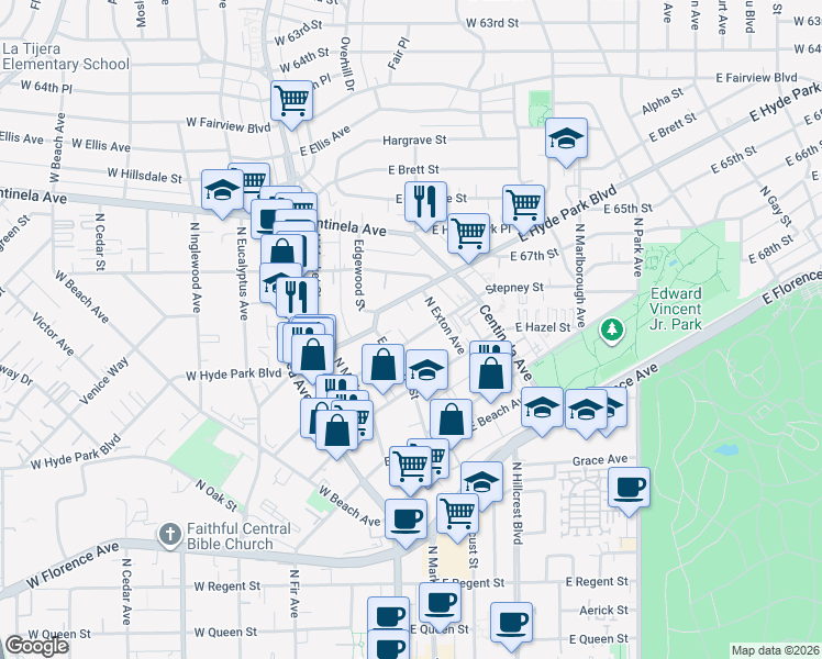 map of restaurants, bars, coffee shops, grocery stores, and more near 327 Stepney Street in Inglewood