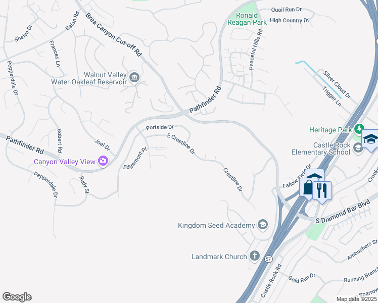 map of restaurants, bars, coffee shops, grocery stores, and more near 20412 East Crestline Drive in Walnut