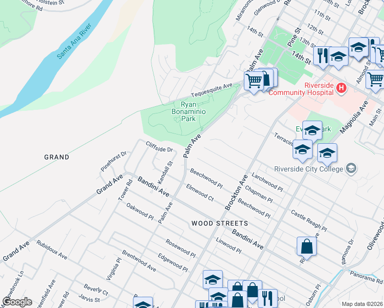 map of restaurants, bars, coffee shops, grocery stores, and more near 4500 Highland Place in Riverside