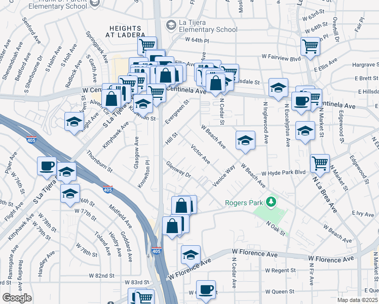 map of restaurants, bars, coffee shops, grocery stores, and more near 882 Victor Avenue in Inglewood