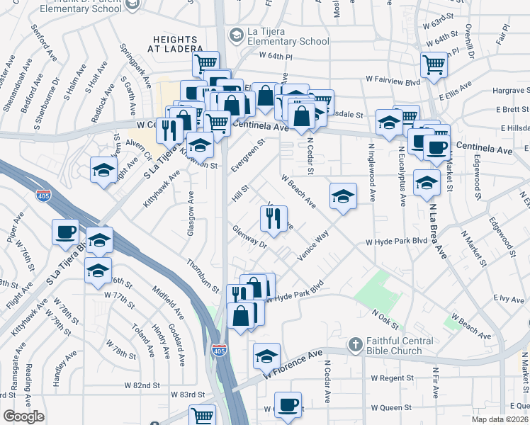 map of restaurants, bars, coffee shops, grocery stores, and more near 882 Victor Avenue in Inglewood