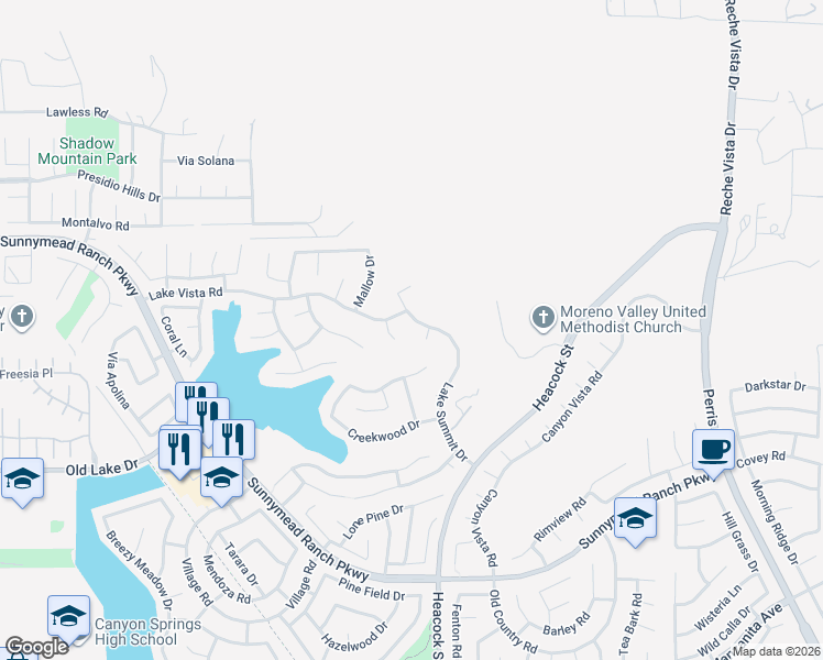 map of restaurants, bars, coffee shops, grocery stores, and more near 23953 Staghorn Circle in Moreno Valley
