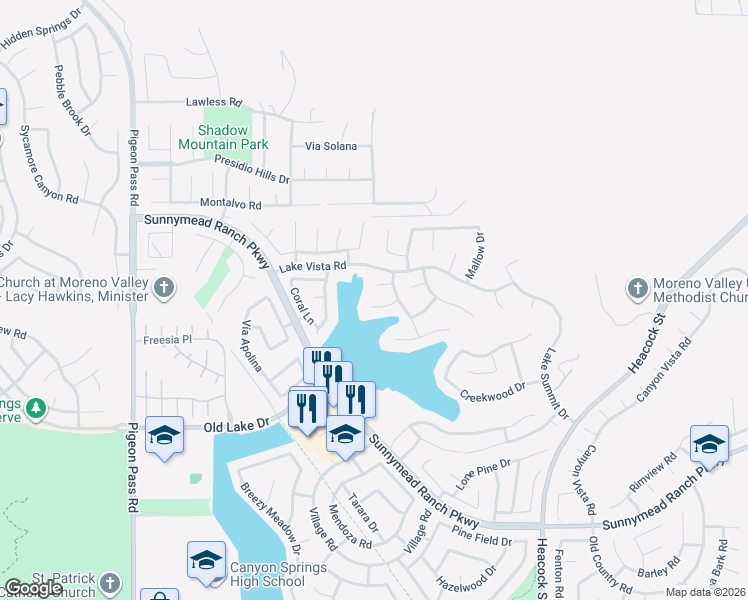 map of restaurants, bars, coffee shops, grocery stores, and more near 23663 Narcissus Circle in Moreno Valley