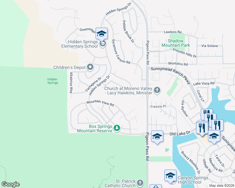 map of restaurants, bars, coffee shops, grocery stores, and more near 22770 Mountain View Road in Moreno Valley