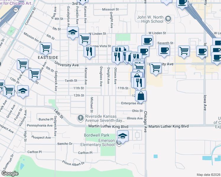 map of restaurants, bars, coffee shops, grocery stores, and more near 4187 Dwight Avenue in Riverside