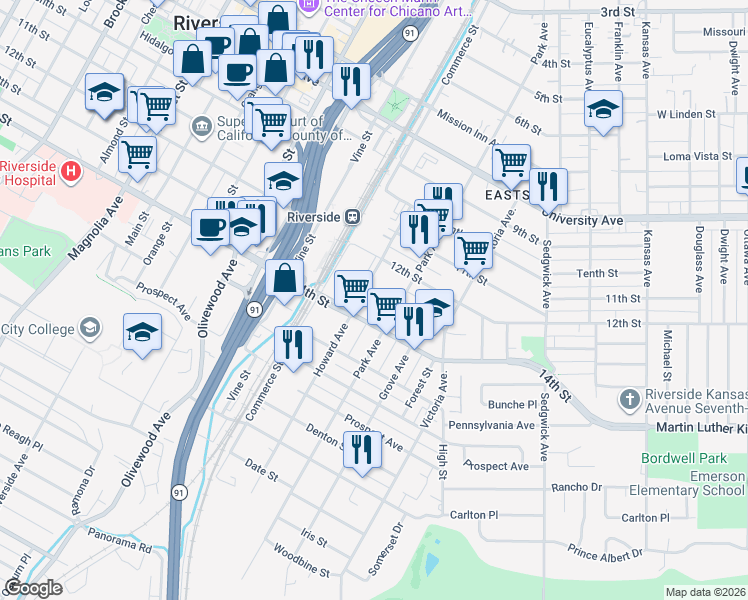 map of restaurants, bars, coffee shops, grocery stores, and more near 2945 14th Street in Riverside