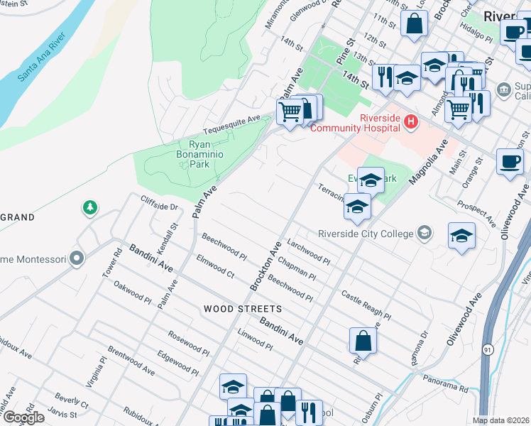 map of restaurants, bars, coffee shops, grocery stores, and more near 4975 Brockton Avenue in Riverside