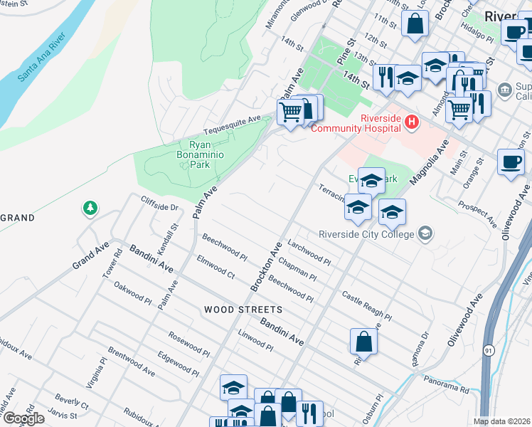 map of restaurants, bars, coffee shops, grocery stores, and more near 4975 Brockton Avenue in Riverside