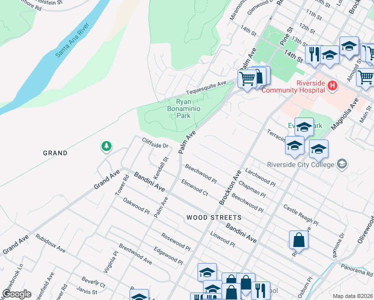 map of restaurants, bars, coffee shops, grocery stores, and more near 4495 Beechwood Place in Riverside