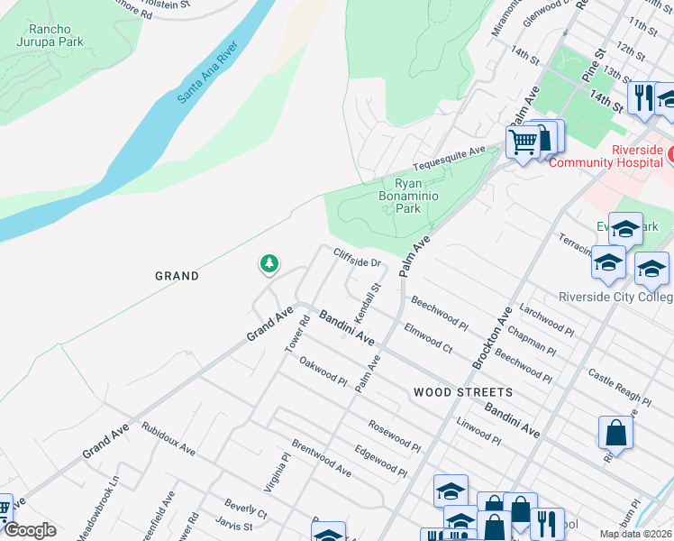 map of restaurants, bars, coffee shops, grocery stores, and more near 4725 Elmwood Court in Riverside