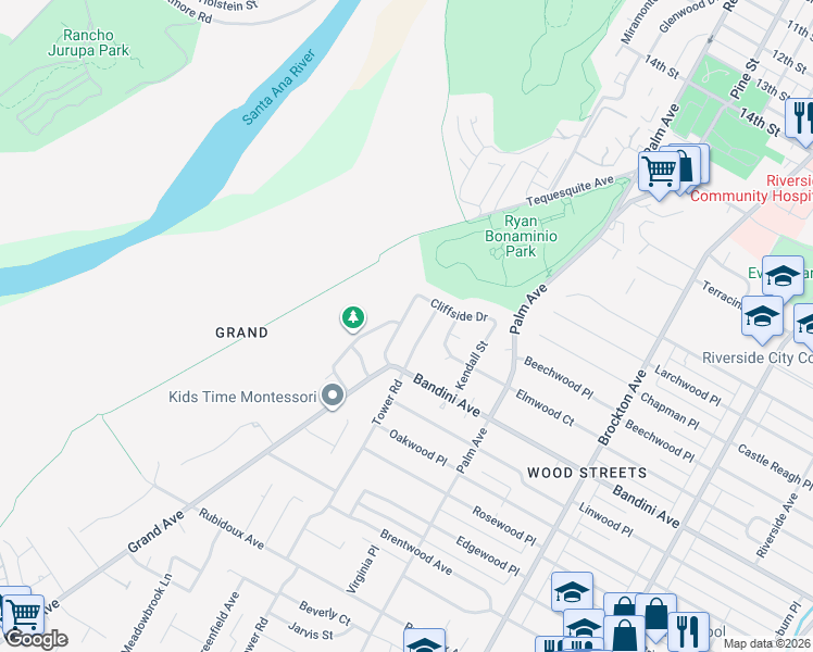 map of restaurants, bars, coffee shops, grocery stores, and more near 5325 Tower Road in Riverside