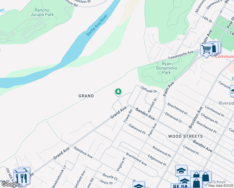 map of restaurants, bars, coffee shops, grocery stores, and more near 5457 Pinehurst Drive in Riverside