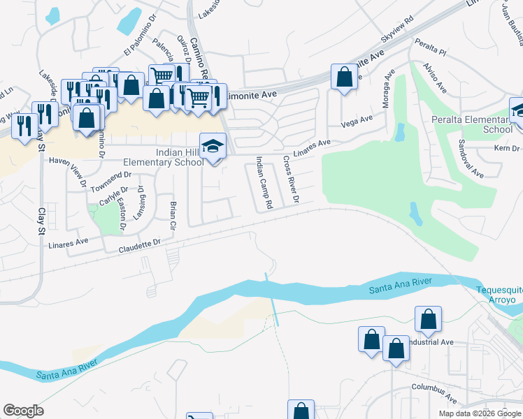 map of restaurants, bars, coffee shops, grocery stores, and more near 7580 Candlelight Drive in Riverside