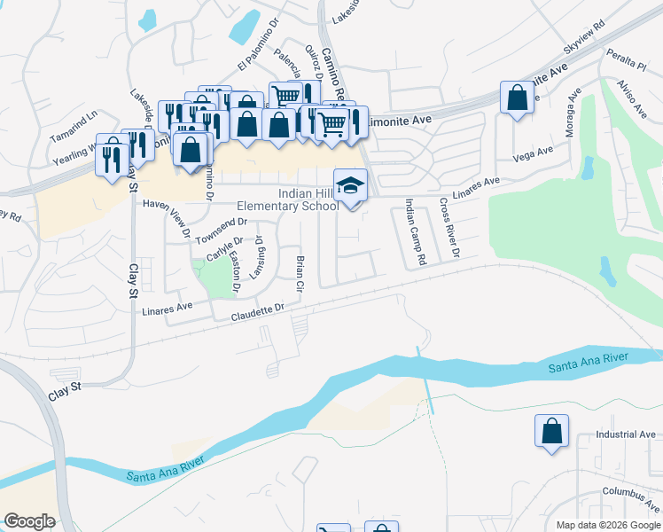 map of restaurants, bars, coffee shops, grocery stores, and more near 6450 Thunder Bay Trail in Riverside