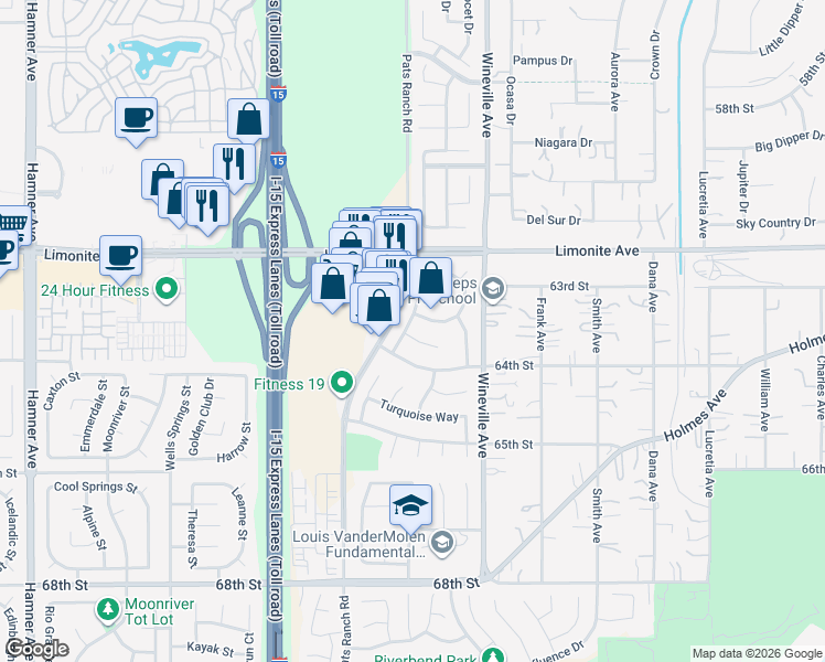 map of restaurants, bars, coffee shops, grocery stores, and more near 11921 Sunstone Court in Jurupa Valley
