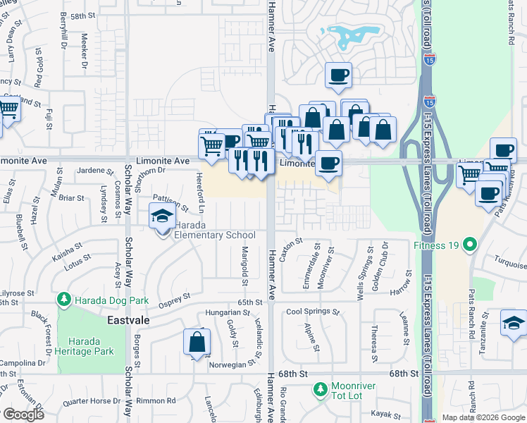 map of restaurants, bars, coffee shops, grocery stores, and more near 6393 Iris Court in Corona
