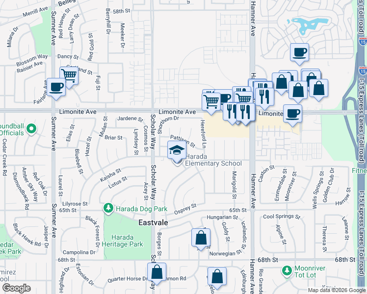 map of restaurants, bars, coffee shops, grocery stores, and more near 6381 Cattleman Drive in Corona