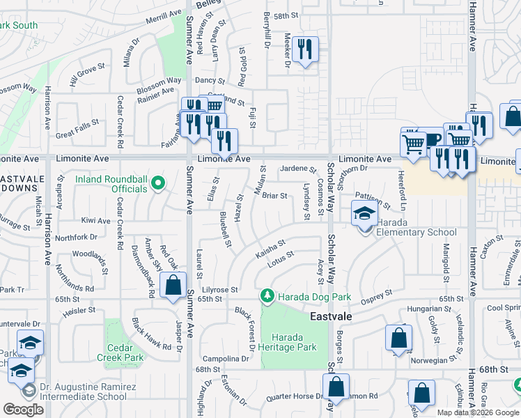 map of restaurants, bars, coffee shops, grocery stores, and more near 6377 Erica Court in Corona