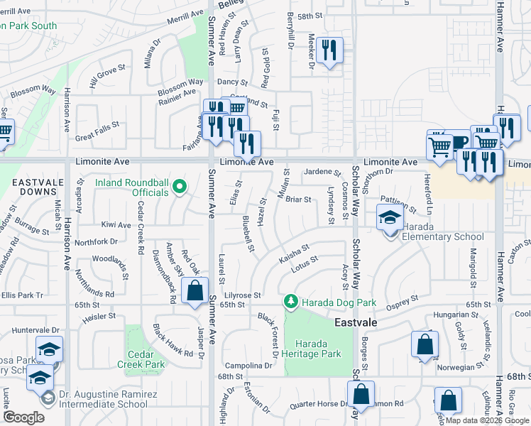 map of restaurants, bars, coffee shops, grocery stores, and more near 6373 Hazel Street in Corona