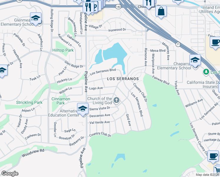map of restaurants, bars, coffee shops, grocery stores, and more near 4271 Gird Avenue in Chino Hills