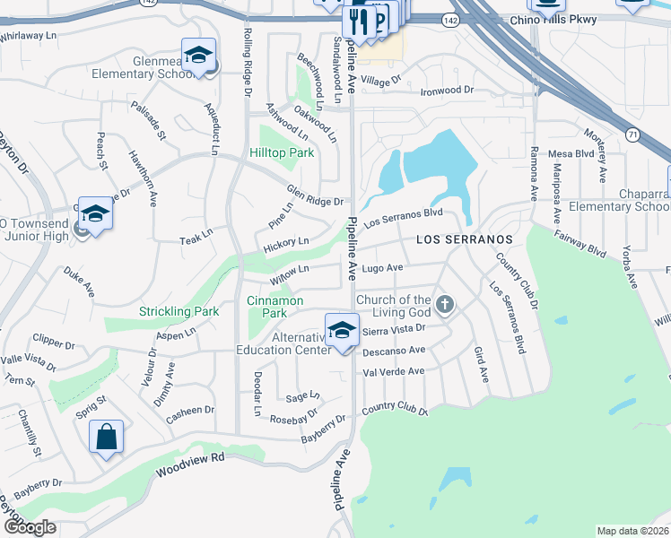 map of restaurants, bars, coffee shops, grocery stores, and more near 15483 Elm Lane in Chino Hills