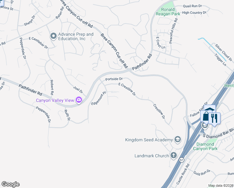 map of restaurants, bars, coffee shops, grocery stores, and more near 20344 Rimview Place in Walnut