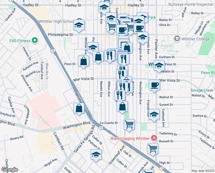 map of restaurants, bars, coffee shops, grocery stores, and more near 7668 Milton Avenue in Whittier