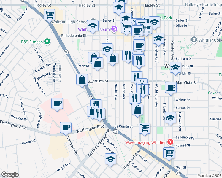 map of restaurants, bars, coffee shops, grocery stores, and more near 7655 Newlin Avenue in Whittier