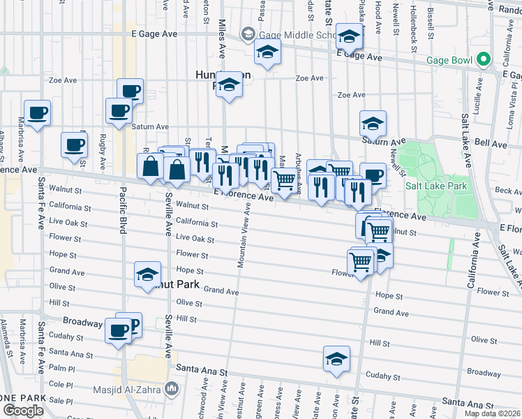 map of restaurants, bars, coffee shops, grocery stores, and more near 2933 California Street in Huntington Park