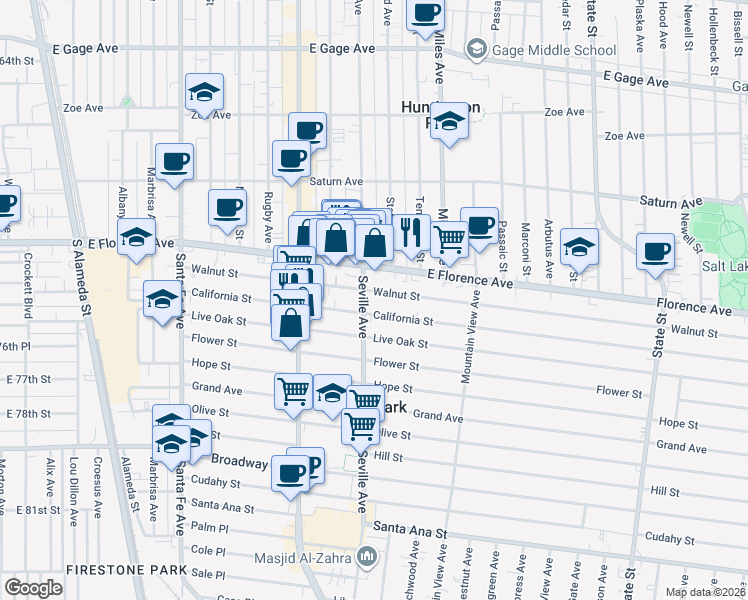 map of restaurants, bars, coffee shops, grocery stores, and more near 7401 Seville Avenue in Huntington Park