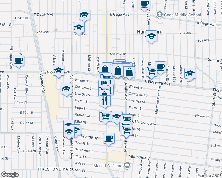 map of restaurants, bars, coffee shops, grocery stores, and more near 2640 California Street in Huntington Park