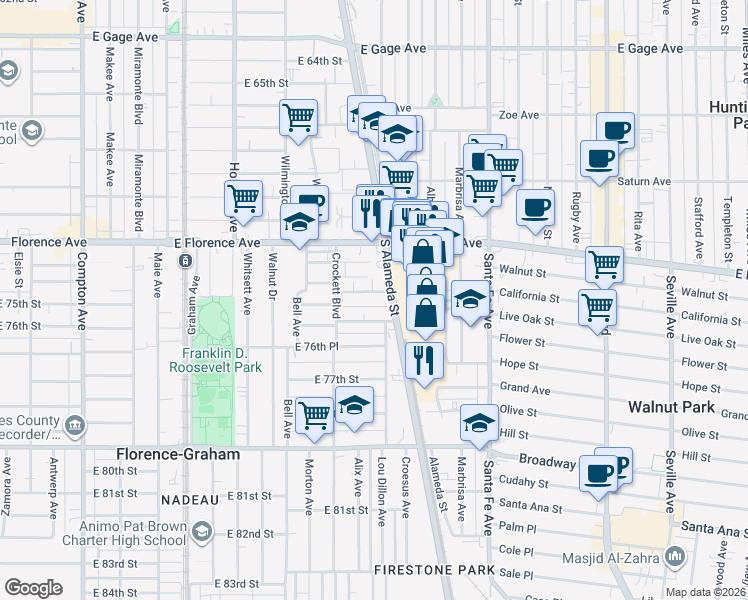map of restaurants, bars, coffee shops, grocery stores, and more near 2078 East 76th Street in Los Angeles