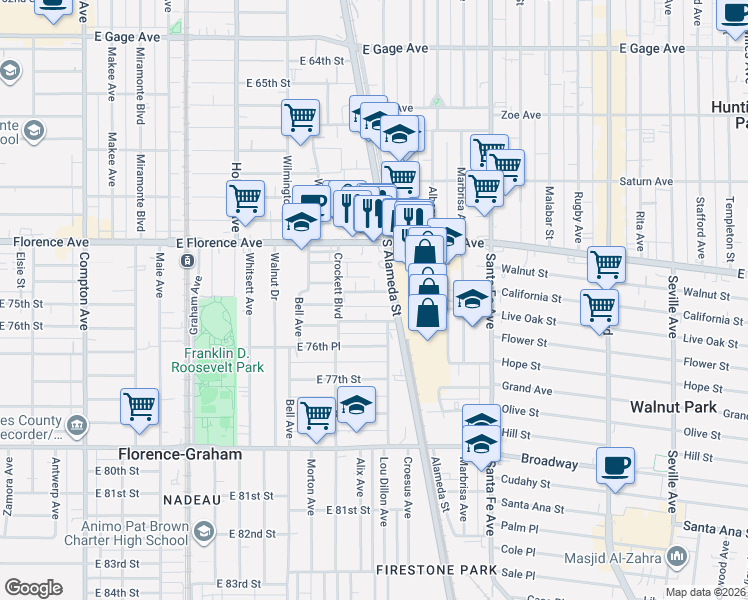 map of restaurants, bars, coffee shops, grocery stores, and more near 2019 1/2 East 76th Street in Los Angeles