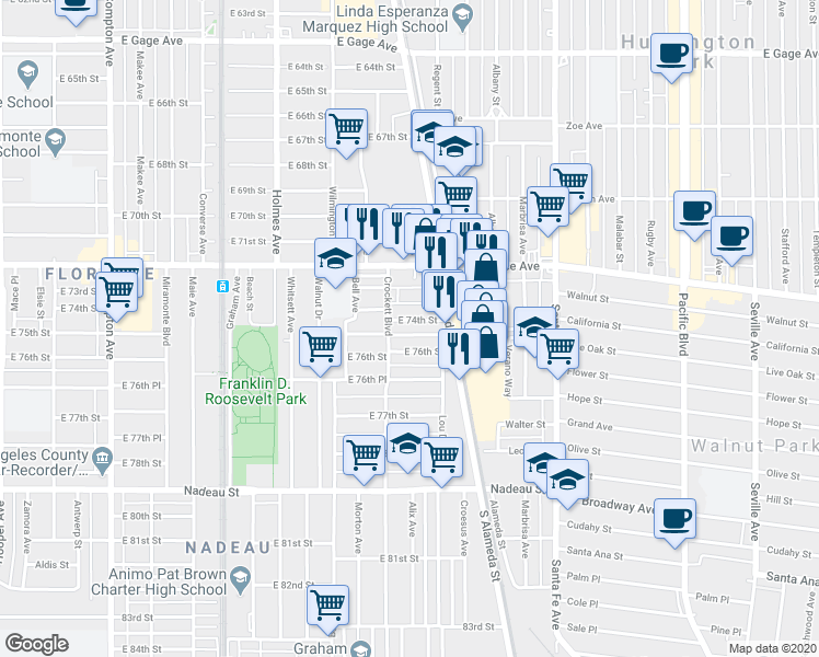 map of restaurants, bars, coffee shops, grocery stores, and more near 2019 1/2 East 76th Street in Los Angeles