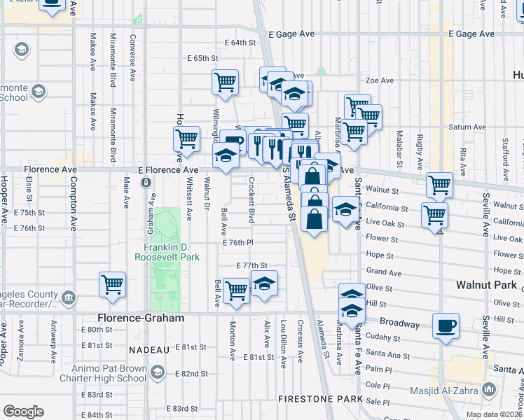 map of restaurants, bars, coffee shops, grocery stores, and more near 2019 1/2 East 76th Street in Los Angeles