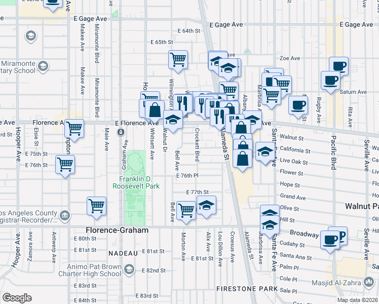 map of restaurants, bars, coffee shops, grocery stores, and more near 1943 East 76th Street in Los Angeles