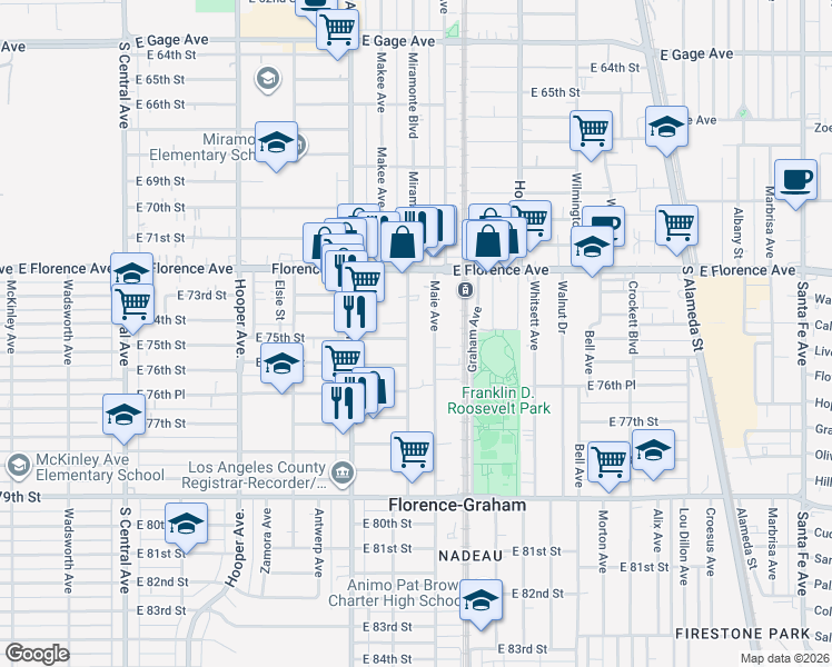 map of restaurants, bars, coffee shops, grocery stores, and more near 7505 Maie Avenue in Los Angeles