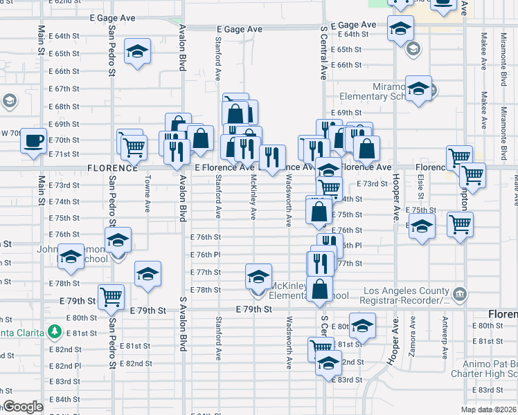 map of restaurants, bars, coffee shops, grocery stores, and more near 824 East 75th Street in Los Angeles