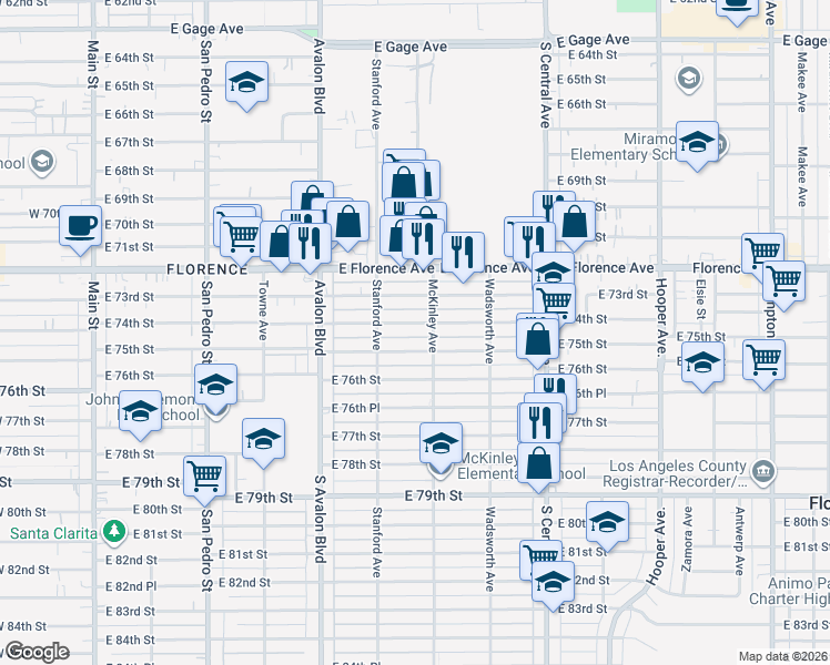 map of restaurants, bars, coffee shops, grocery stores, and more near 736 East 75th Street in Los Angeles