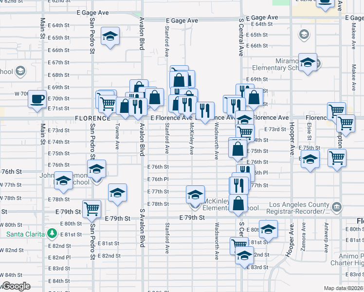 map of restaurants, bars, coffee shops, grocery stores, and more near 736 East 75th Street in Los Angeles