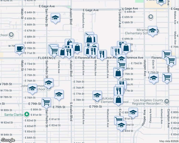 map of restaurants, bars, coffee shops, grocery stores, and more near 736 East 75th Street in Los Angeles