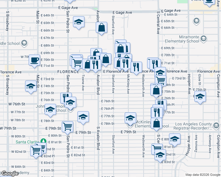 map of restaurants, bars, coffee shops, grocery stores, and more near 656 East 75th Street in Los Angeles