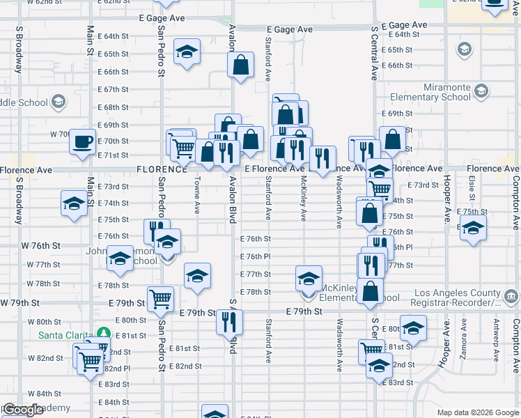 map of restaurants, bars, coffee shops, grocery stores, and more near 656 East 75th Street in Los Angeles