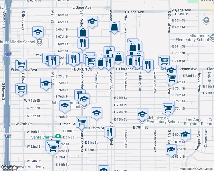 map of restaurants, bars, coffee shops, grocery stores, and more near 436 East 75th Street in Los Angeles