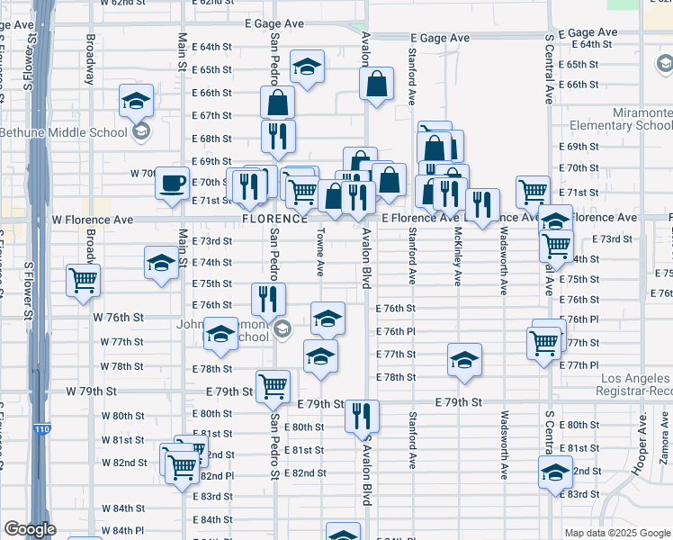 map of restaurants, bars, coffee shops, grocery stores, and more near 436 East 75th Street in Los Angeles