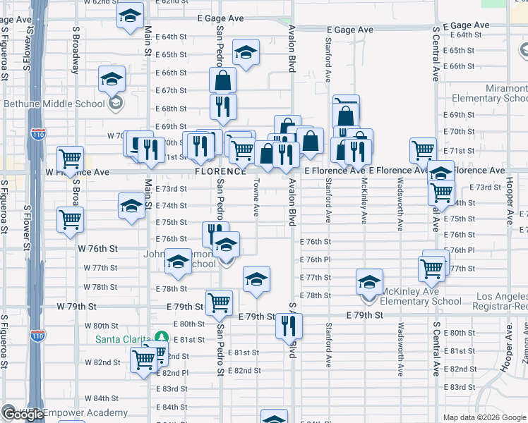 map of restaurants, bars, coffee shops, grocery stores, and more near 358 East 75th Street in Los Angeles
