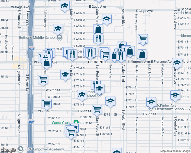 map of restaurants, bars, coffee shops, grocery stores, and more near 238 East 75th Street in Los Angeles
