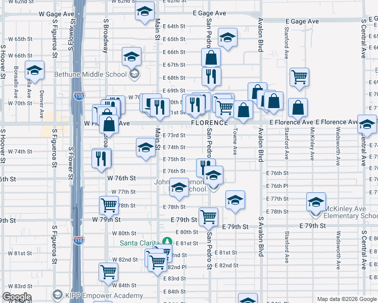 map of restaurants, bars, coffee shops, grocery stores, and more near 152 East 75th Street in Los Angeles