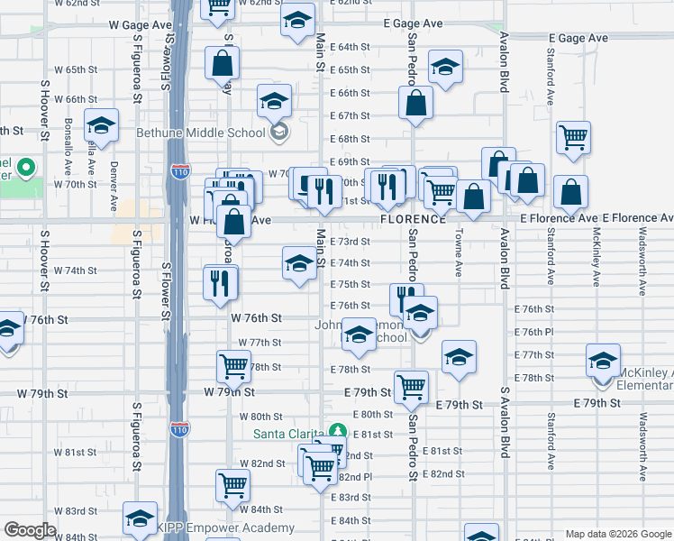 map of restaurants, bars, coffee shops, grocery stores, and more near 7502 South Main Street in Los Angeles