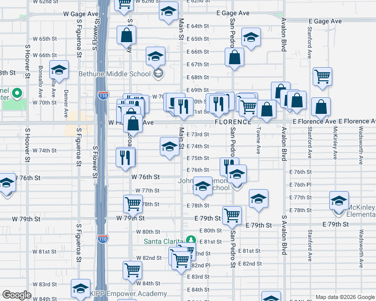 map of restaurants, bars, coffee shops, grocery stores, and more near 7502 South Main Street in Los Angeles
